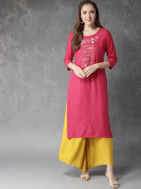 

Anouk Women Pink & Mustard Yellow Embroidered Kurta with Palazzos