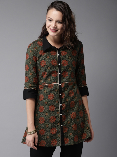 

Anouk Women Green & Rust Orange Printed A-Line Kurti
