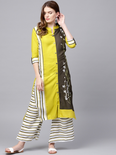 

Ishin Women Green & Off-White Embroidered Kurta with Palazzos
