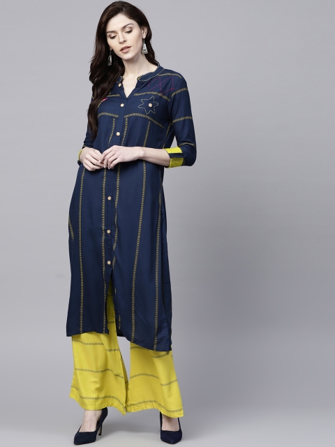 

Ishin Women Navy & Lime Green Printed Kurta with Palazzos, Navy blue