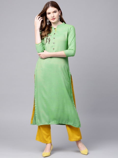 

Ishin Women Green & Mustard Yellow Solid Kurta with Palazzos