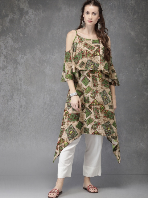 

Anouk Women Beige Printed A-Line Cold Shoulder Layered Kurta