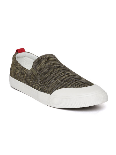 

United Colors of Benetton Men Olive Green Woven Design Slip-On Sneakers