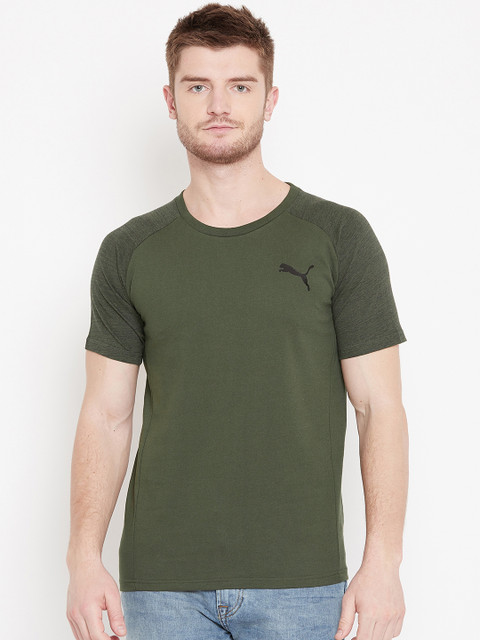 

Puma Men Olive Green Solid Evostripe Round Neck T-shirt