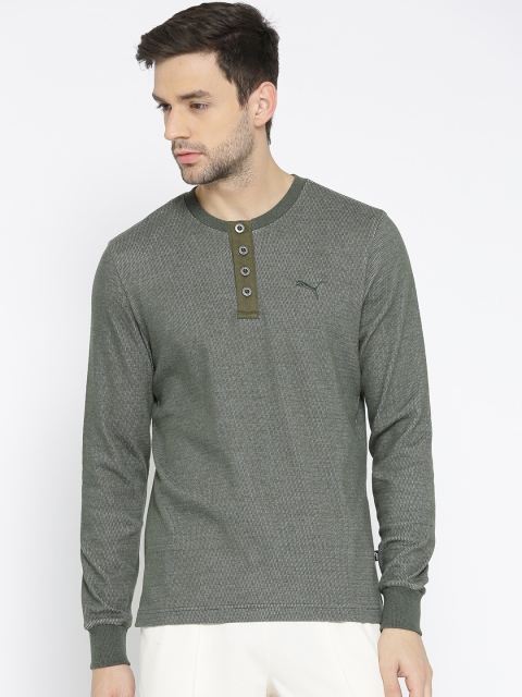 

Puma Men Olive Green Self Design Henley Neck T-shirt