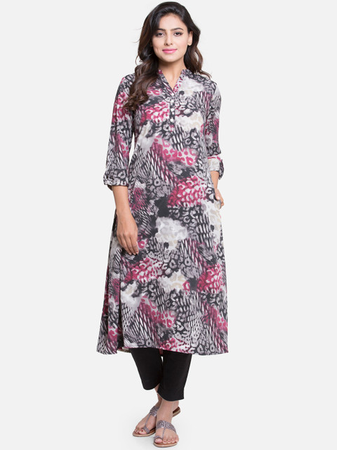 

PINKSKY Women Charcoal & Pink Printed A-Line Kurta