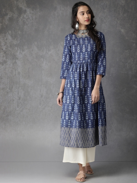 

Anouk Women Blue & White Printed A-Line Ikat Kurta