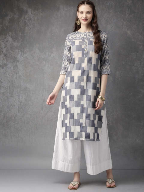 

Anouk Women Blue & Off-White Checked Straight Kurta