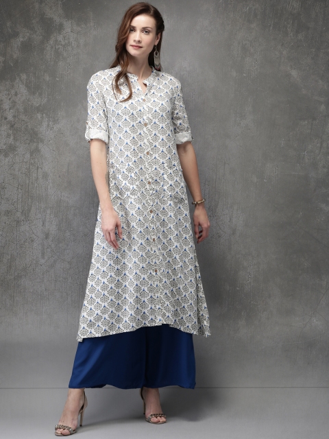 

Anouk Women White & Grey Printed A-Line Kurta
