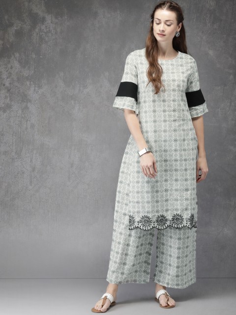 

Anouk Women White & Teal Printed Kurta With Trousers