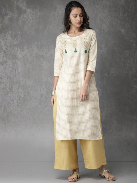 

Anouk Women Off-White & Gold-Toned Printed Kurta with Palazzos