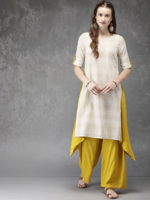 

Anouk Women Off-White & Mustard Yellow Printed Kurta with Palazzos