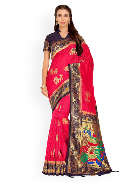 

MIMOSA Coral & Gold-Toned Art Silk Woven Design Kanjeevaram Saree