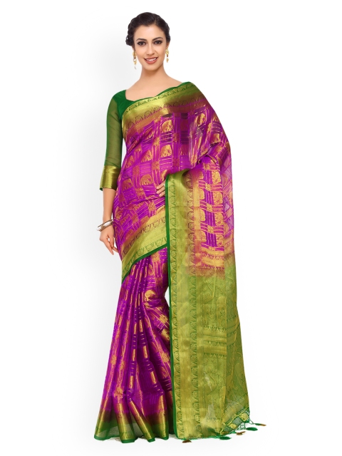 

MIMOSA Magenta Organza Woven Design Kanjeevaram Saree, Purple