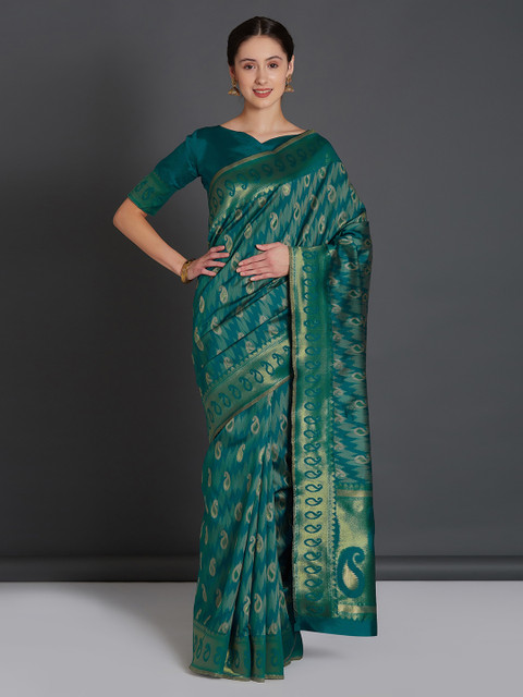 

Mitera Teal Green Silk Blend Woven Design Banarasi Saree