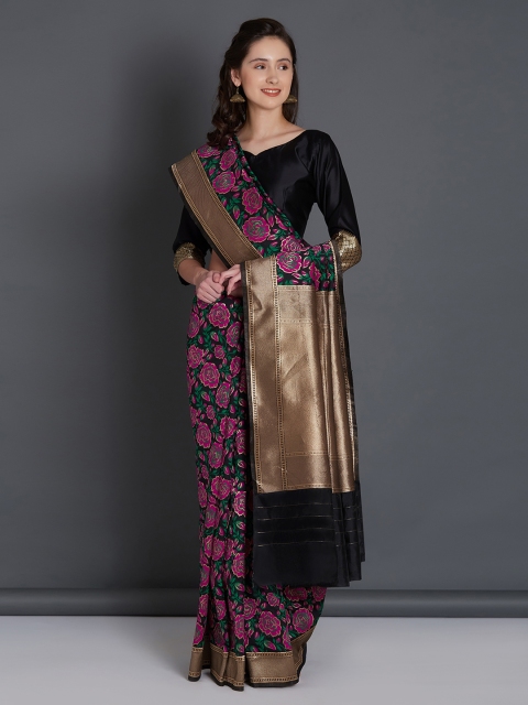 

Mitera Black Silk Blend Woven Design Kanjeevaram Saree