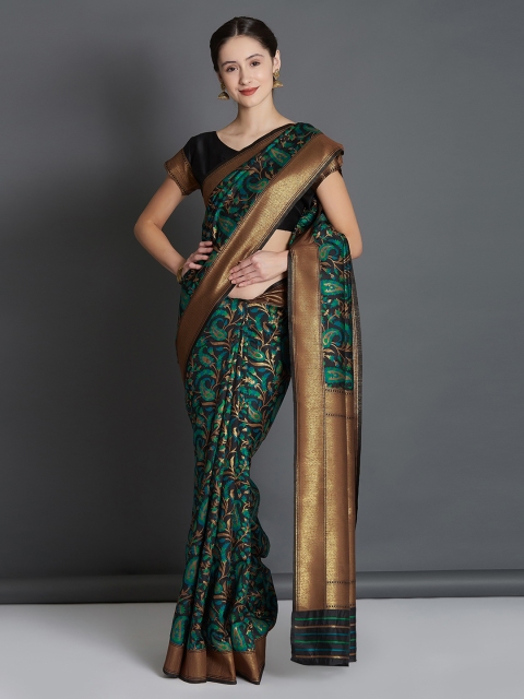 

Mitera Black & Blue Silk Blend Embroidered Banarasi Saree
