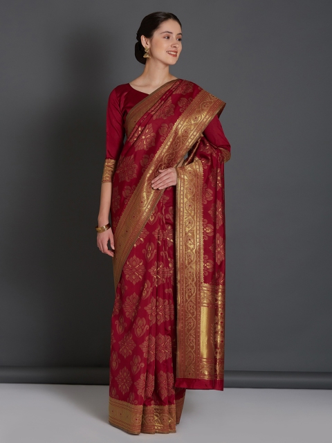 

Mitera Maroon & Gold-Toned Silk Blend Woven Design Banarasi Saree