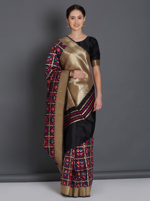 

Mitera Black Silk Blend Woven Design Kanjeevaram Saree