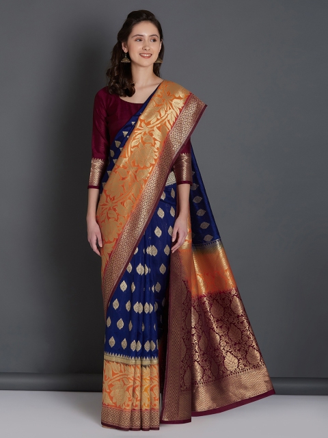 

Mitera Navy Blue & Red Silk Blend Woven Design Banarasi Saree