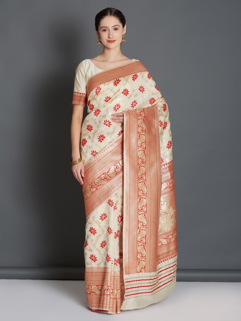 

Mitera Cream-Coloured & Red Silk Blend Woven Design Banarasi Saree