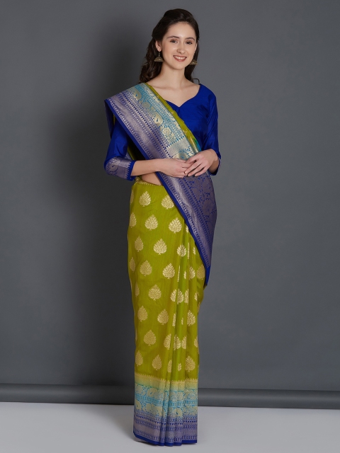 

Mitera Green & Blue Silk Blend Woven Design Banarasi Saree