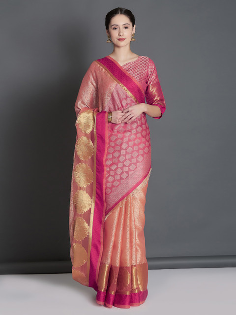 

Mitera Pink & Peach-Coloured Silk Blend Woven Design Banarasi Saree