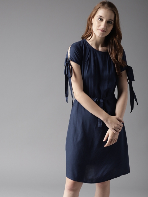 

HERE&NOW Women Navy Blue Solid A-Line Dress