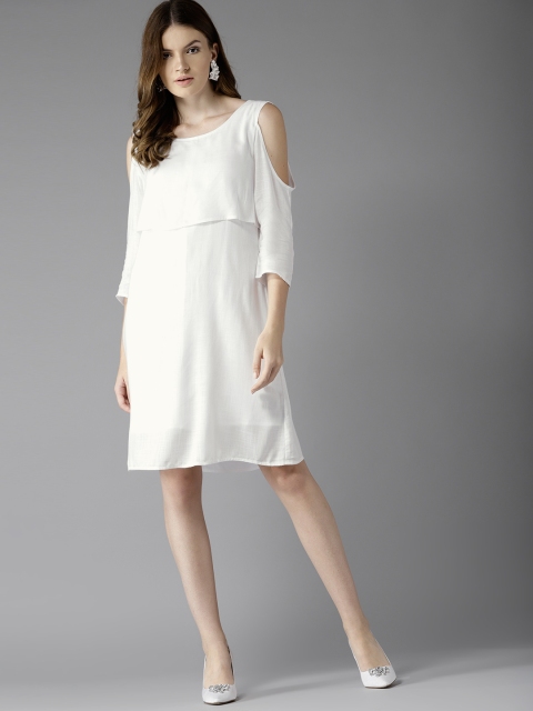 

HERE&NOW Women White Solid A-Line Cold-Shoulder Layered Dress