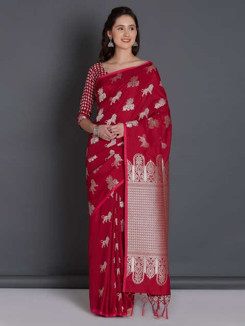 

Mitera Maroon & Silver-Toned Silk Blend Woven Design Banarasi Saree