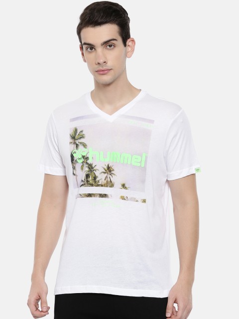 

hummel Men White Printed V-Neck T-shirt