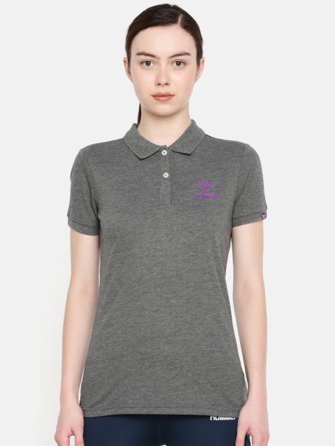 

hummel Women Charcoal Grey Solid Polo Collar T-shirt