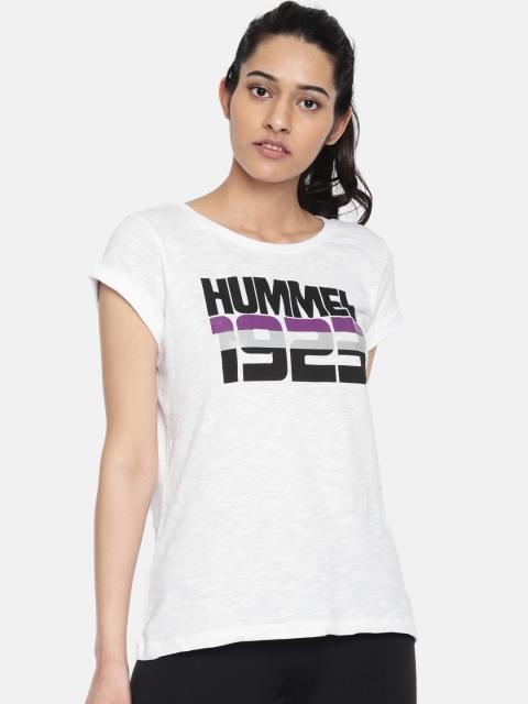 

hummel Women White & Purple Printed Round Neck T-shirt