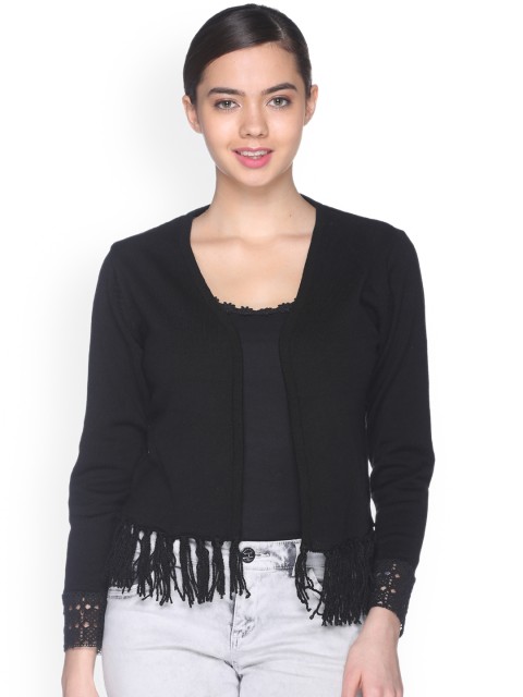 

Club York Women Black Solid Fringed Cardigan