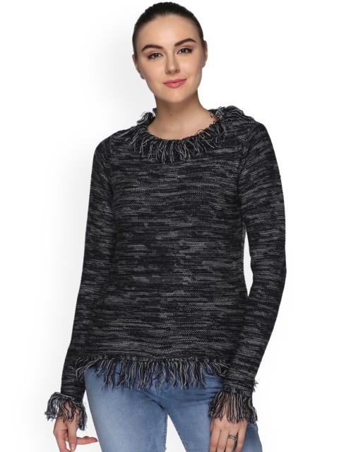 

Club York Women Charcoal Grey Solid Fringed Pullover