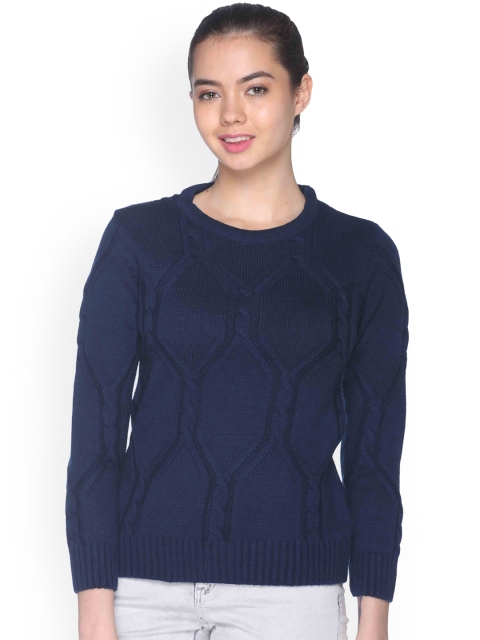

Club York Women Blue Self-Design Pullover