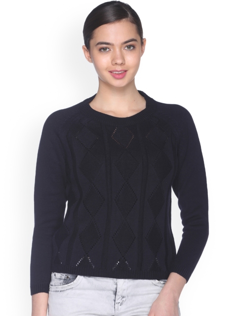 

Club York Women Navy Blue Self-Design Pullover