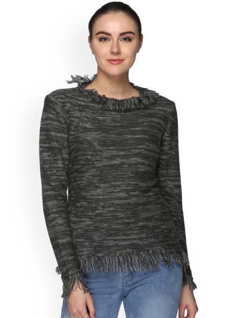 

Club York Women Charcoal Grey Solid Fringed Pullover