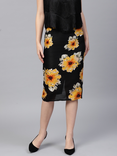 

SASSAFRAS Women Black & Mustard Yellow Printed Pencil Skirt