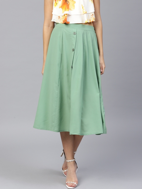 

SASSAFRAS Women Green Solid Midi Flared Skirt