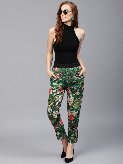

SASSAFRAS Women Green & Coral Pink Regular Fit Printed Cigarette Trousers