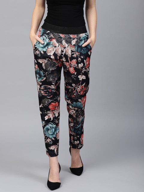 

SASSAFRAS Women Black & Blue Regular Fit Printed Cigarette Trousers