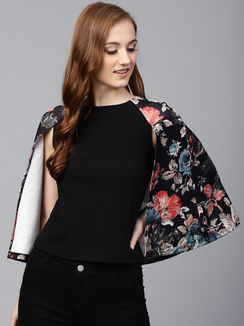 

SASSAFRAS Women Black Printed Cape Top