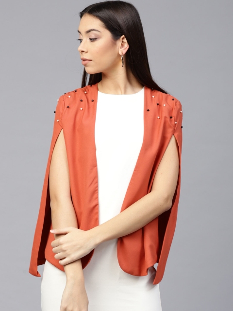 

SASSAFRAS Women Rust Orange Solid Cape Jacket
