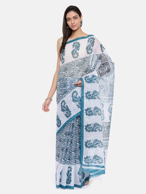 

Pavechas White & Blue Polycotton Printed Mangalagiri Saree