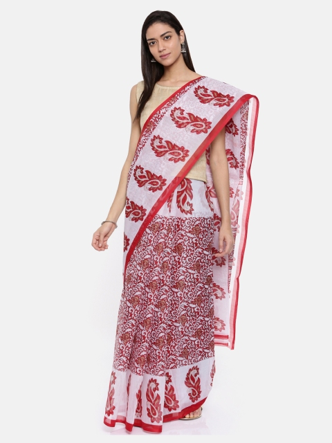 

Pavechas White & Pink Polycotton Printed Mangalagiri Saree