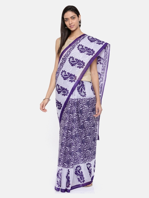 

Pavechas White & Purple Polycotton Printed Mangalagiri Saree