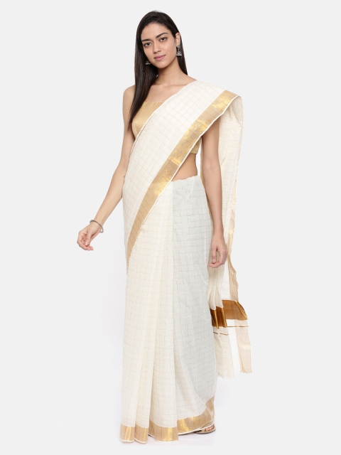 

Pavechas White & Gold-Toned Pure Cotton Checked Kasavu Saree