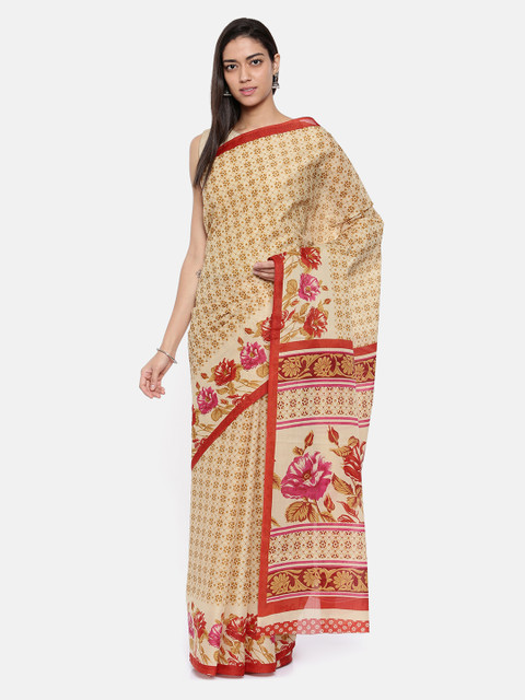 

Pavechas Beige & Pink Polycotton Printed Mangalagiri Saree