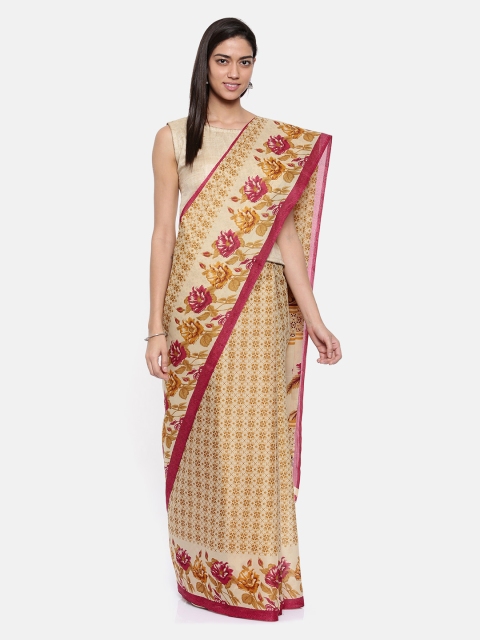 

Pavechas Beige & Pink Polycotton Printed Mangalagiri Saree